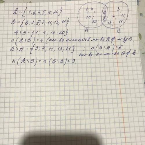 пусть А множество натуральных делителей числа 20, а В множество простых чисел меньших 18 Найдите сум