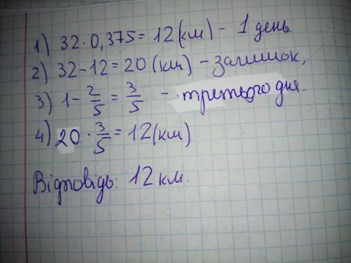 Турист пройшов за три дні 32км. В перший день він пройшов 37,5% шляху, за другий день ⅖ залишку. Скі