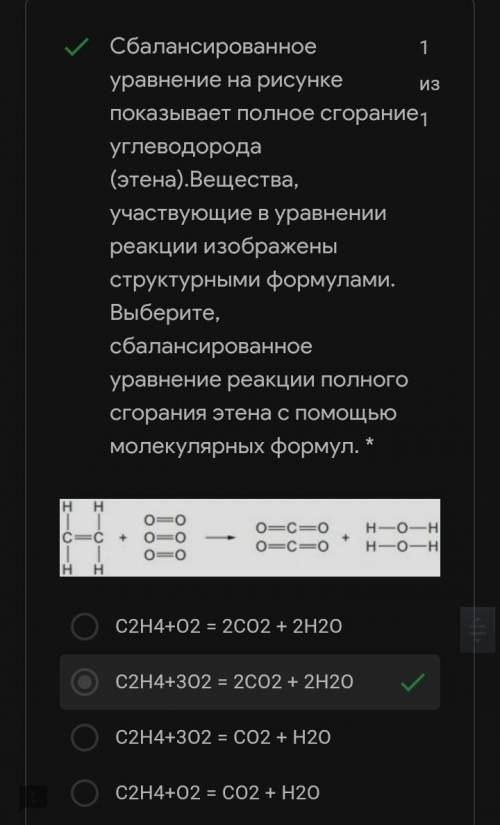 Сбалансированное уравнение на рисунке показывает полное сгорание углеводорода (этена). Вещества, уча