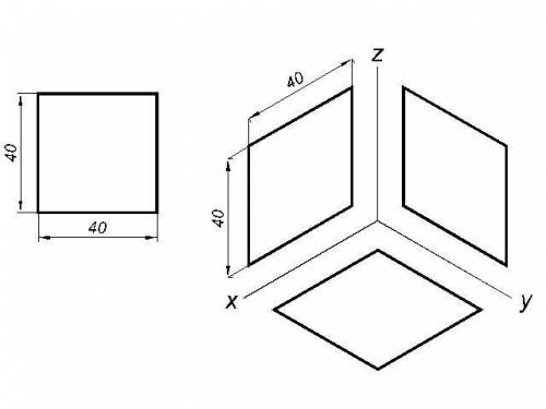 Постройте аксонометрические проекции квадрата (со стороной 40 мм) и треугольника (сторона 40 мм и вы