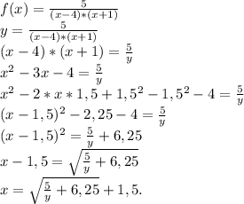 f(x)=\frac{5}{(x-4)*(x+1)}\\y=\frac{5}{(x-4)*(x+1)}\\(x-4)*(x+1)=\frac{5}{y} \\x^2-3x-4=\frac{5}{y} \\x^2-2*x*1,5+1,5^2-1,5^2-4=\frac{5}{y} \\(x-1,5)^2-2,25-4=\frac{5}{y} \\(x-1,5)^2=\frac{5}{y}+6,25\\x-1,5=\sqrt{\frac{5}{y} +6,25} \\x=\sqrt{\frac{5}{y}+6,25 }+1,5.