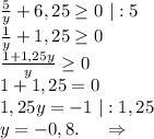 \frac{5}{y} +6,25\geq 0\ |:5\\\frac{1}{y}+1,25\geq 0\\\frac{1+1,25y}{y}\geq 0\\1+1,25=0\\1,25y=-1\ |:1,25\\y=-0,8. \ \ \ \ \Rightarrow\\