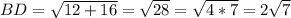 BD=\sqrt{12+16} =\sqrt{28} =\sqrt{4*7}=2\sqrt{7}