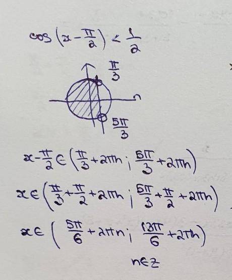 Решить неравенство cos(x-n/2)<1\2