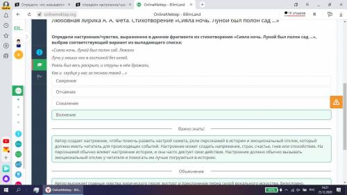 Определи настроение/чувство, выраженное в данном фрагменте изстихотворения «Сияла ночь. Луной былпол