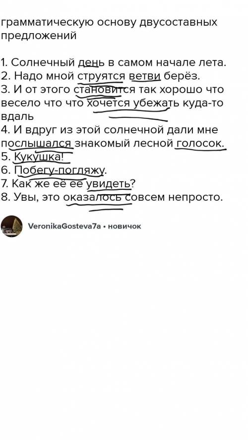 Грамматическую основу двусоставных предложений 1. Солнечный день в самом начале лета. 2. Надо мной с