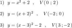 1)\ \ y=x^2+2\ \ ,\ \ \ V(\, 0\ ;\, 2\, )\\\\2)\ \ y=(x+2)^2\ \ ,\ \ \ V(-2\, ;\, 0\, )\\\\3)\ \ y=(x-3)^2-2\ \ ,\ \ \ V(\, 3\, ;-2\, )