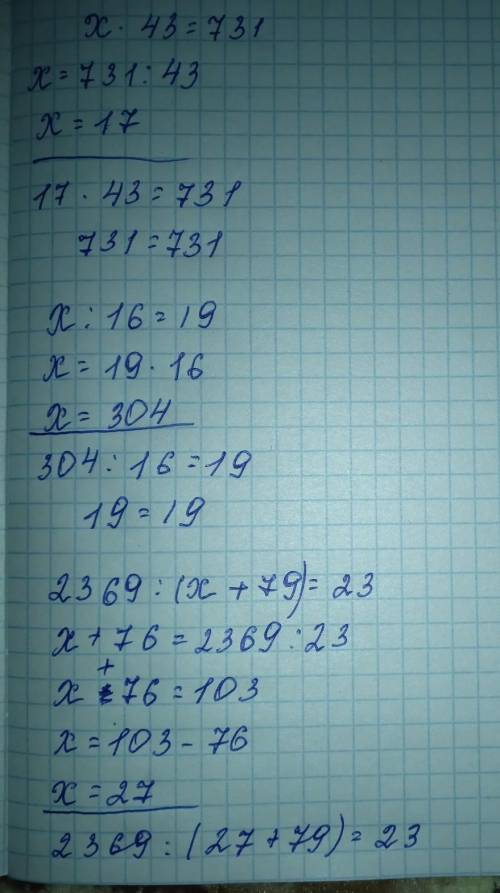 Х*43=731Х:16=192369:(х+79)=23 ​