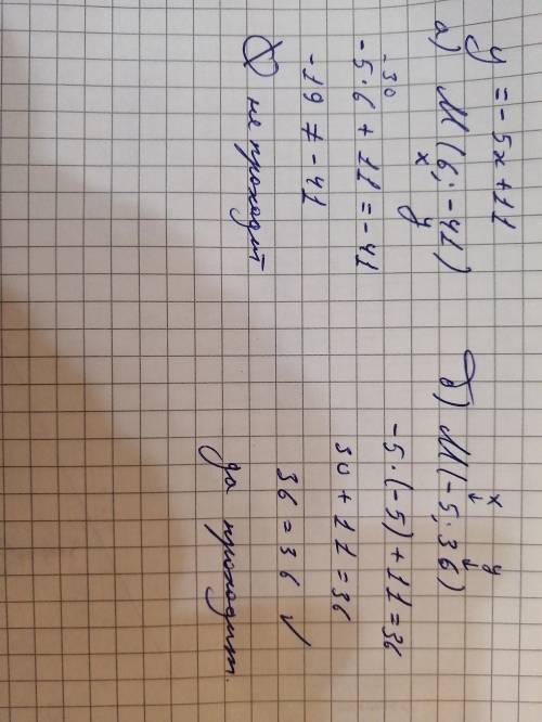 Проходит ли график функций y = -5х + 11 через точку:а) M(6; -41);б) (-5; 36)?​