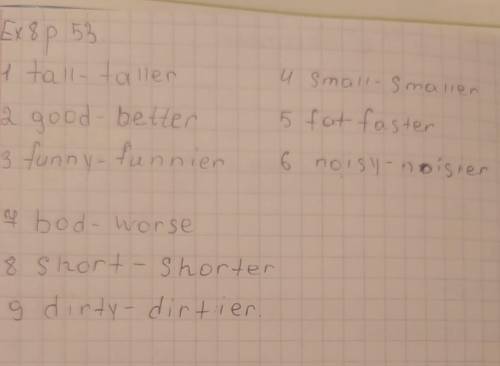 8 Say and write. taller4 small7 bad1 tall5 fat8 short2 good6 noisy9 dirty3 funny​