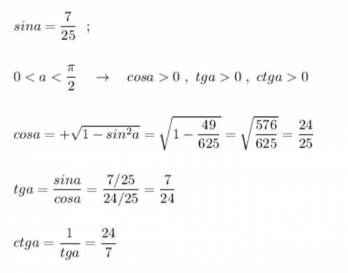 Для острого угла α найдите cos α, tg α, ctg α, если известно, что sin α= 5/13​