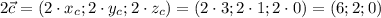 2\vec{c} = (2\cdot x_{c}; 2\cdot y_{c}; 2\cdot z_{c}) = (2\cdot 3; 2\cdot 1; 2\cdot 0) = (6; 2; 0)