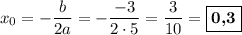 x_{0} = -\dfrac{b}{2a} = -\dfrac{-3}{2\cdot 5} = \dfrac{3}{10} = \boxed{\textbf{0,3}}