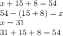 x+15+8=54\\54-(15+8)=x\\x=31\\31+15+8=54\\