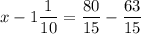 x - 1\dfrac{1}{10} = \dfrac{80}{15} - \dfrac{63}{15}