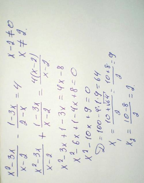 Реши уранение: (x²–3x/x–2) — (1–3x/2–x) = 4