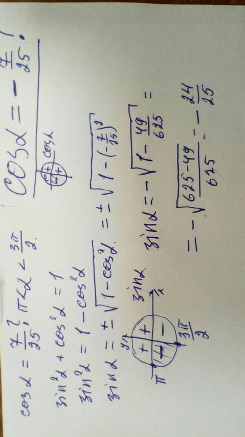 Найдите sin альфа , если cos альфа =7/25 и Пи<альфа<3Пи/2