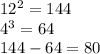 12^{2} =144\\4^{3}=64\\144-64=80