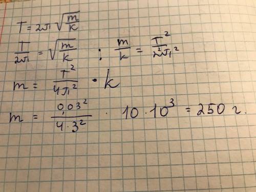 Определите массу (в г) колеблющегося на пружине груза, если коэффициент жесткости пружины 10 кН/м, а