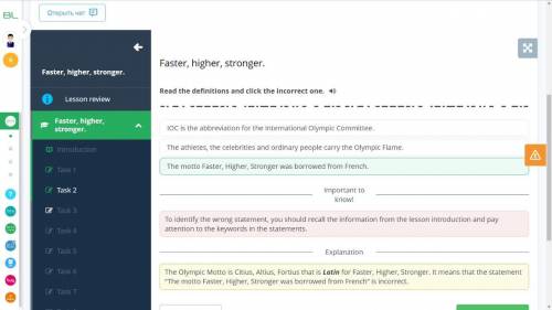 Faster, higher, stronger. Read the definitions and click the incorrect one.The motto Faster, Higher,