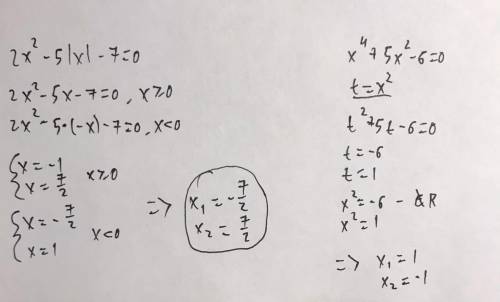 решить уравнения 2х^2-5|х| -7=0х^4+5х^2-6=0​