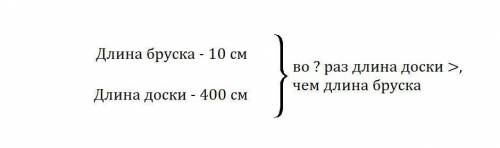 А) Длина бруска 10 см, а доски - 400 см. Во сколько раз длина доски больше длины бруска?как записать