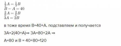 1/2 части числа А равна 1/3 части числа В. Найдите числа А и В, если число А меньше числа В на 40 ед