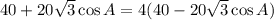 40+20\sqrt{3} \cos A=4(40-20\sqrt{3} \cos A)