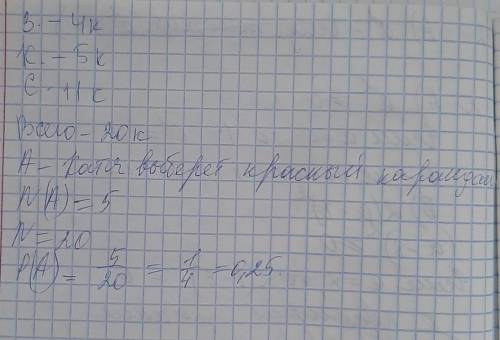 У Кати есть 4 зелёных, 5 красных и 11 синих карандаша. Какова вероятность, что случайно выбранный Ка