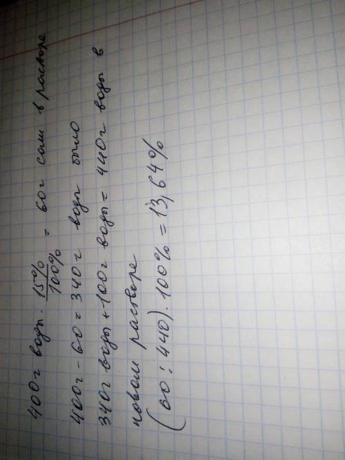 до 400 г 15-відцоткового розчину солі додали 100 г води. Знайди відсотковий вміст солі в новому розч