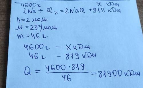 На основании ТХУ горения натрия в хлоре 2Na + Cl2 = 2NaCl + 819 кДж рассчитайте: какое количество те