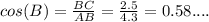 cos (B)= \frac{BC}{AB} = \frac{2.5}{4.3} = 0.58....