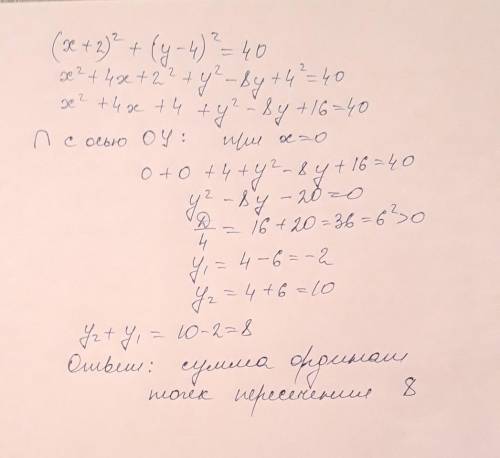 Найдите сумму ординат точек пересечения окружности (x+2)^2+(y-4)^2=40 с осью ОУ