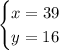 \begin{cases} x = 39 \\ y = 16\end{cases}