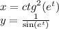 x = {ctg}^{2} ( {e}^{t} ) \\ y = \frac{1}{ \sin( {e}^{t} ) }