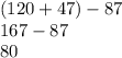 (120 + 47) - 87 \\ 167 - 87 \\ 80 \\ \\ \\