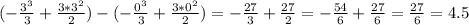 (-\frac{3^3}{3} + \frac{3*3^2}{2}) - (-\frac{0^3}{3} + \frac{3*0^2}{2}) = -\frac{27}{3} + \frac{27}{2} = -\frac{54}{6} + \frac{27}{6} = \frac{27}{6} = 4.5