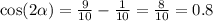 \cos(2 \alpha ) = \frac{9}{10} - \frac{1}{10} = \frac{8}{10} = 0.8