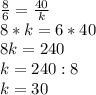 \frac{8}{6}= \frac{40}{k} \\8*k=6*40\\8k=240\\k=240:8\\k=30