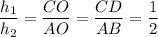 \dfrac{h_{1}}{h_{2}}=\dfrac{CO}{AO}=\dfrac{CD}{AB}=\dfrac{1}{2}