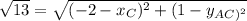 \sqrt{13}=\sqrt{(-2-x_{C})^2+(1-y_{AC)^2 }}