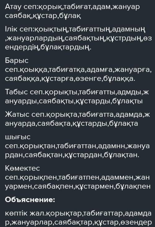 Берілген  сөздерге  септік  және  көптік  жалғауларын  жалғаңдар. Қорық, табиғат, адам, жануарлар, с