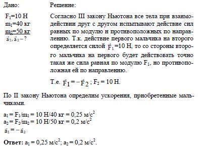 Марат и Асхат, массы которых 40кг и 50 кг, стоят на коньках на льду. Марат отталкивается от Асхата с