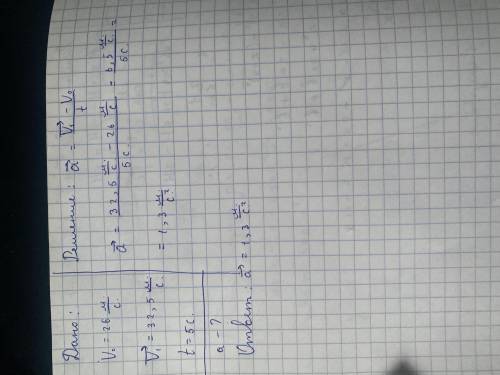 Рассчитайте ускорение поезда, если он разогнался с 26 м / с до 32,5 м / с за 5 секунд.