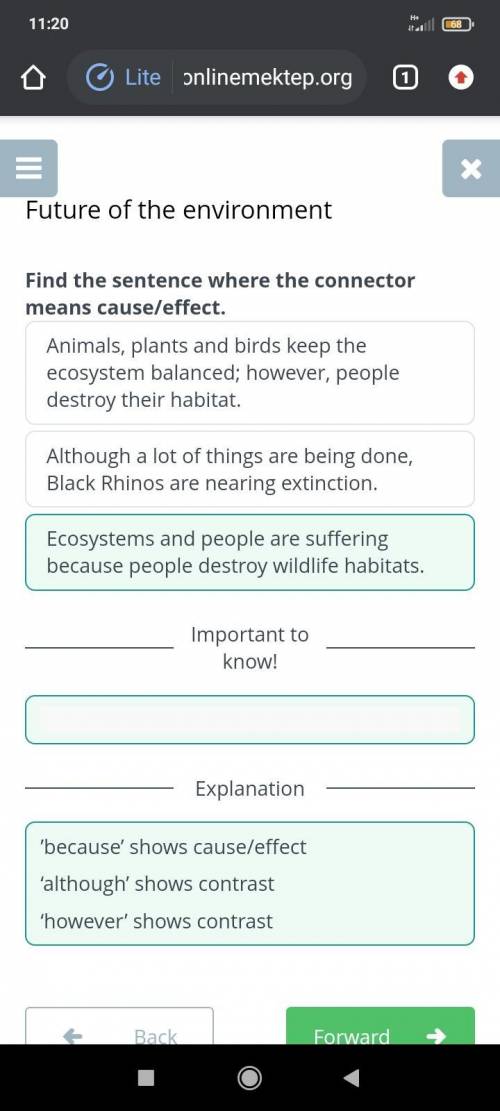 Ure of the environment Find the sentence where the connector means cause/effect.Although a lot of th