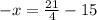 -x=\frac{21}{4} -15