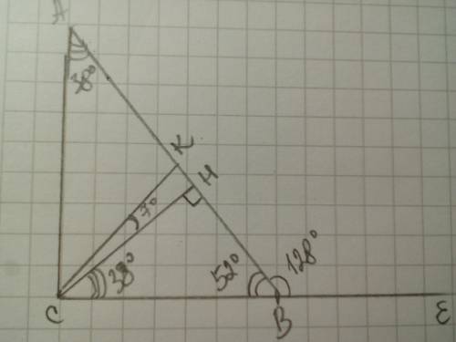 Зовнішній кут прямого трикутника дорівнює 128°. Знайдіть кут між висотою і бісектрисою,проведеними з