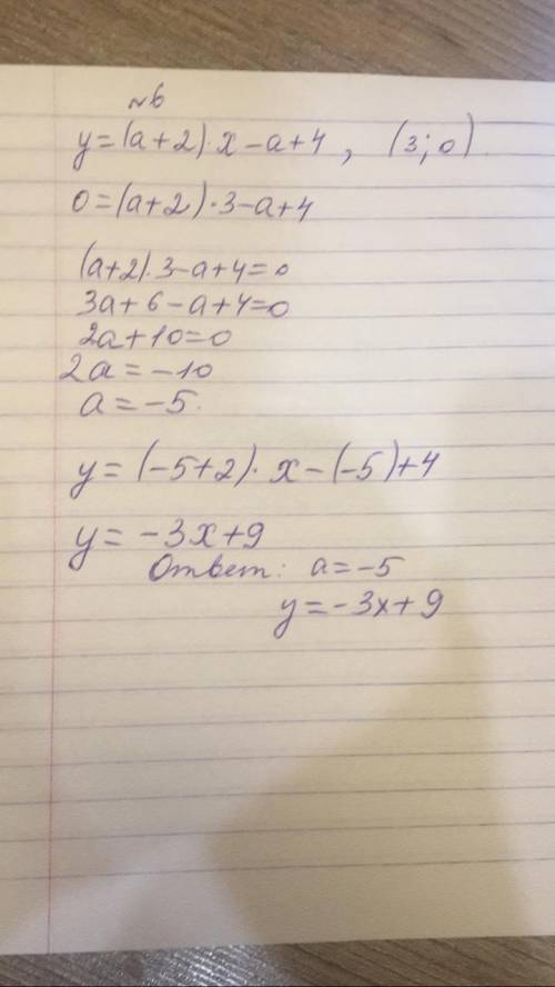 6. График функции, заданной уравнением y = (a +2)x - a + 4 пересекает ось абсцисс в точке с координа