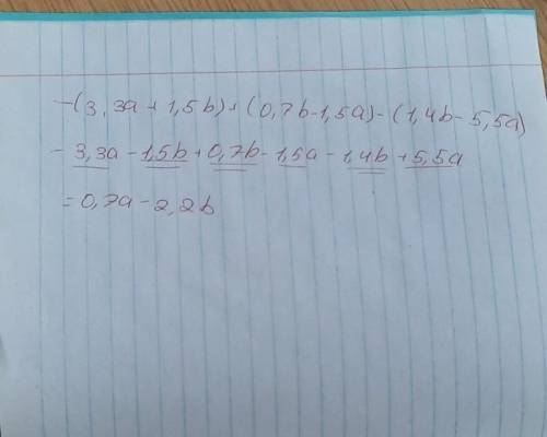 3)Раскройте скобки и приведите подобные слагаемые — (3,3а + 1,5b) + (0,7Ь — 1,5a) — (1,4b – 5,5а)​