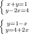 \left \{ {{x+y=1} \atop {y-2x=4}} \right.\\\\\left \{ {{y=1-x} \atop {y=4+2x}} \right.